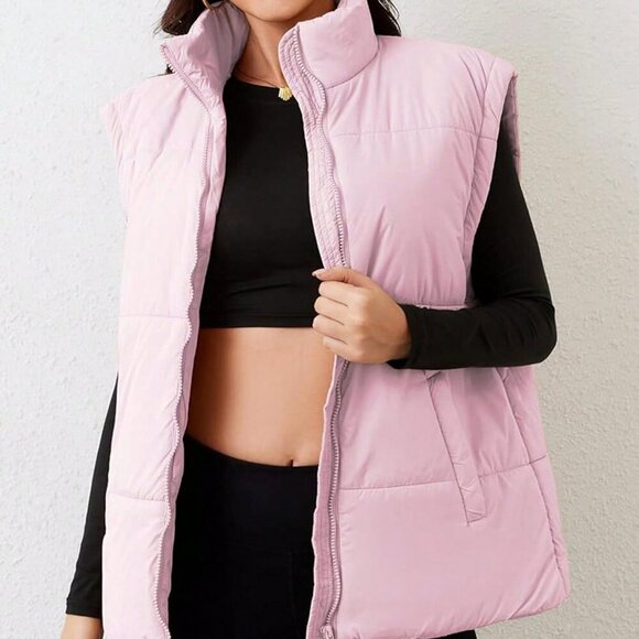 Pink Casual Women's Stand Collar Quilted Sleeveless Puffer Vest Jacket - Picture 6 of 6
